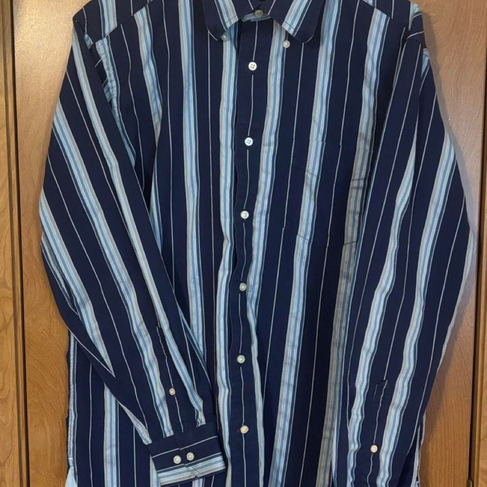Tommy Hilfiger Mens Blue Striped 80s Two Ply Cotton Button Up Shirt Medium